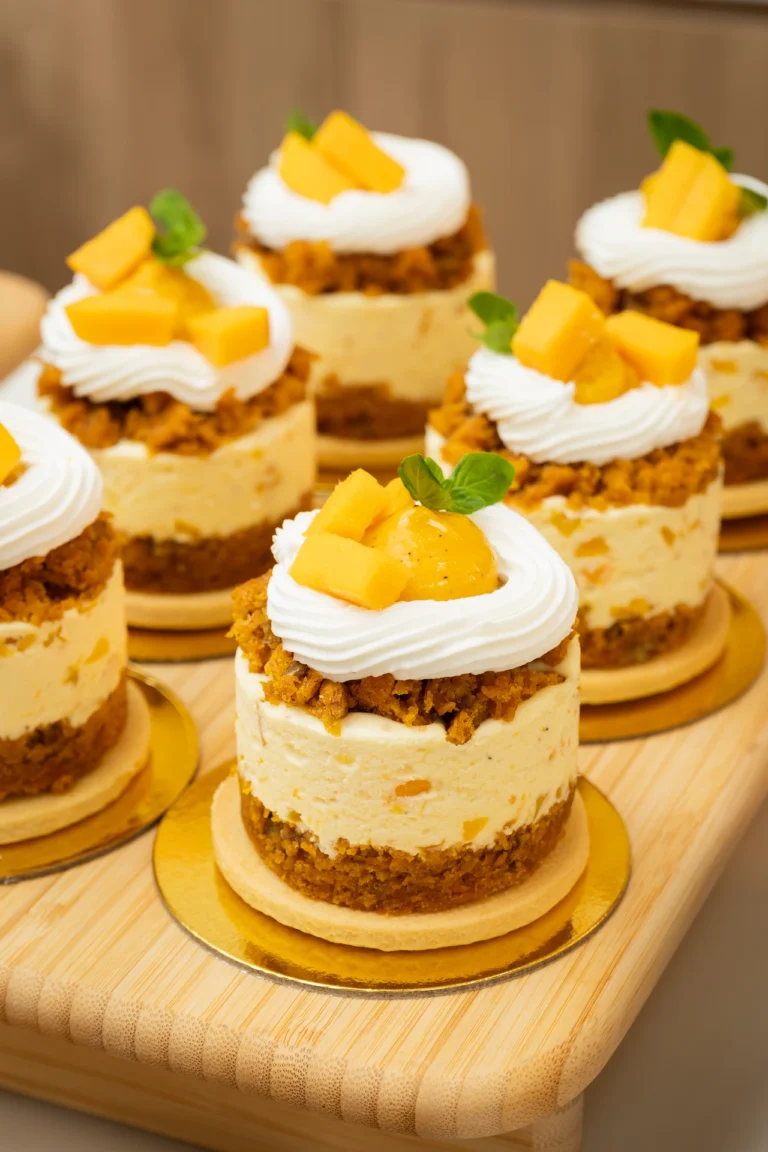 Fotografía gastronómica de mini cheesecakes de mango con crema batida en bandeja de madera, Juliana Postres Medellín — Jose Fonseca
